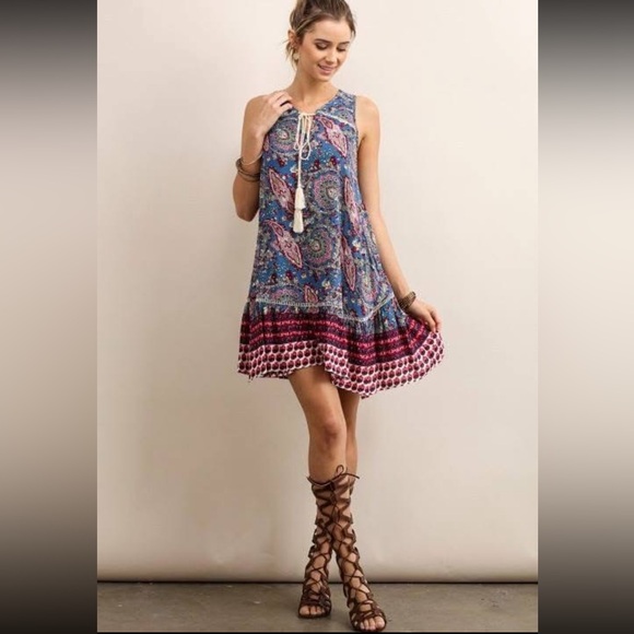Soieblu Tops - Soieblu Blue Paisley Boho Sleeveless Tassel Tie Dress Tunic Dress Size M